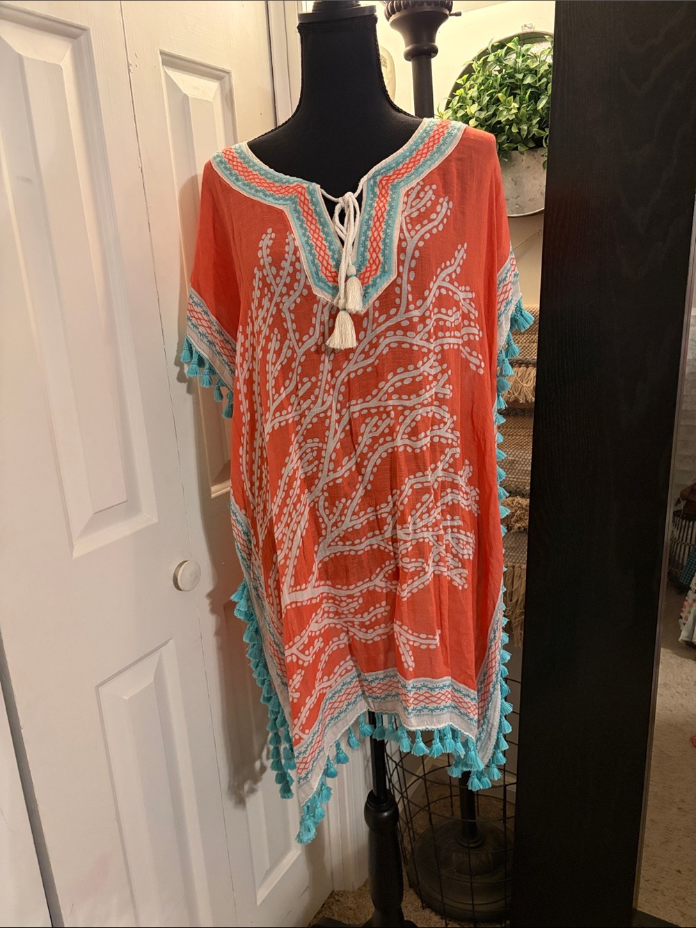 Spartina 449 Beach Kaftan Ogeechee Sea Life Coral with Teal Tassel Trim